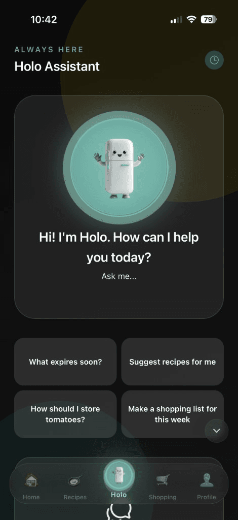 Holo chat screen answering a question about the kitchen