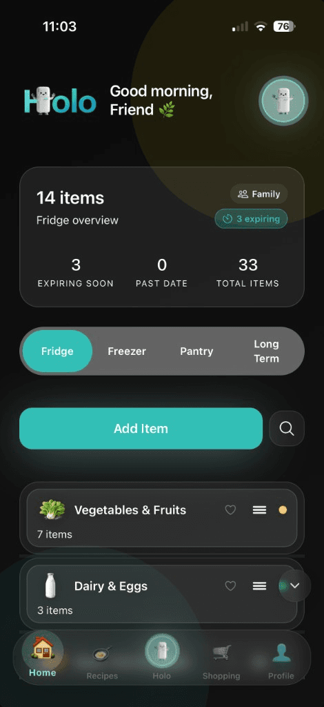 Holo home screen: fridge overview with items, expiring-soon count and categories