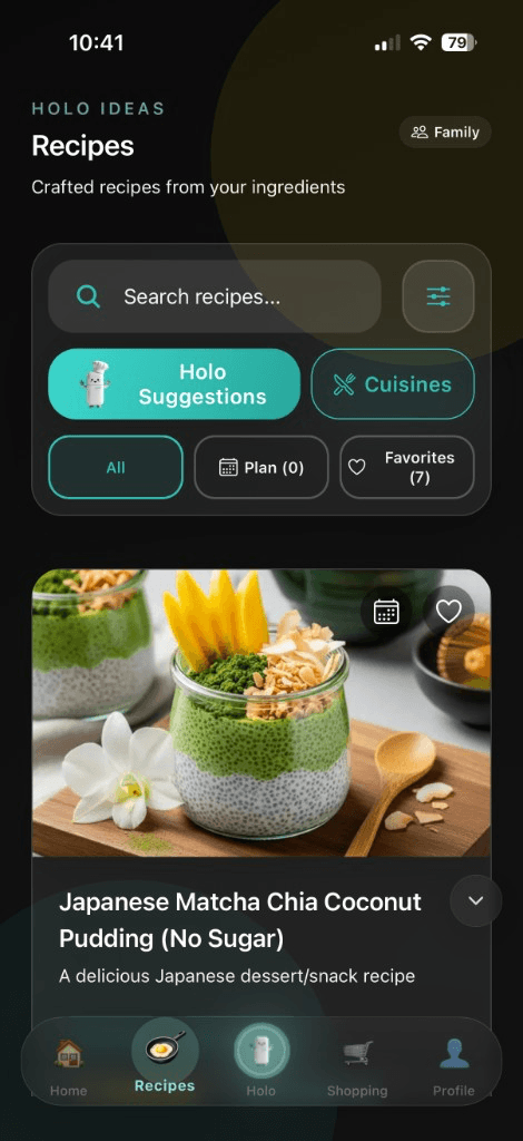 Recipes screen with a dinner suggestion from what is in the fridge